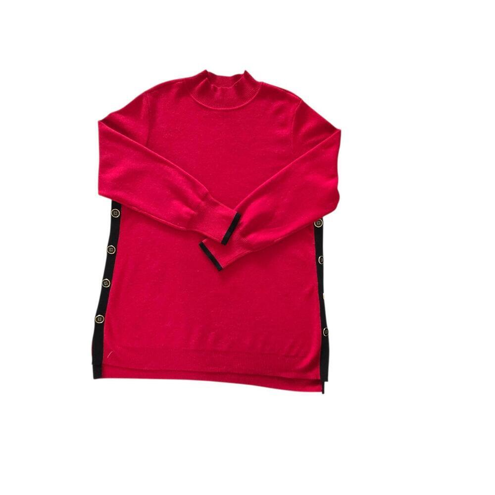 Women's Red Button-Side‎ Sweater with Black Trim
